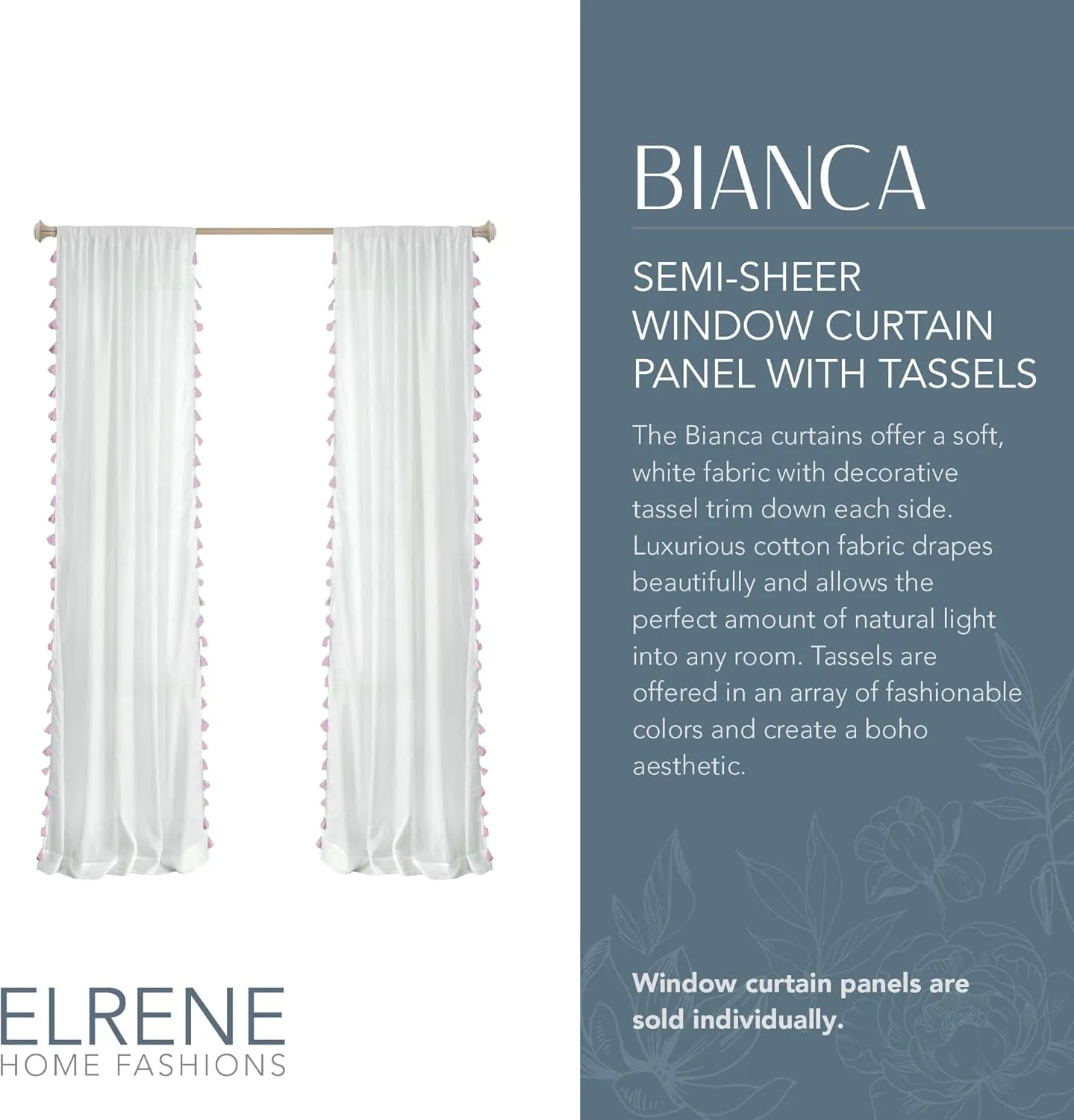 Elrene Home Fashions Bianca Boho Semi-Sheer White Cotton Rod-Pocket Window Curtain Panel with Colorful Side Tassels, 52 inches by 84 inches, Blush Pink
