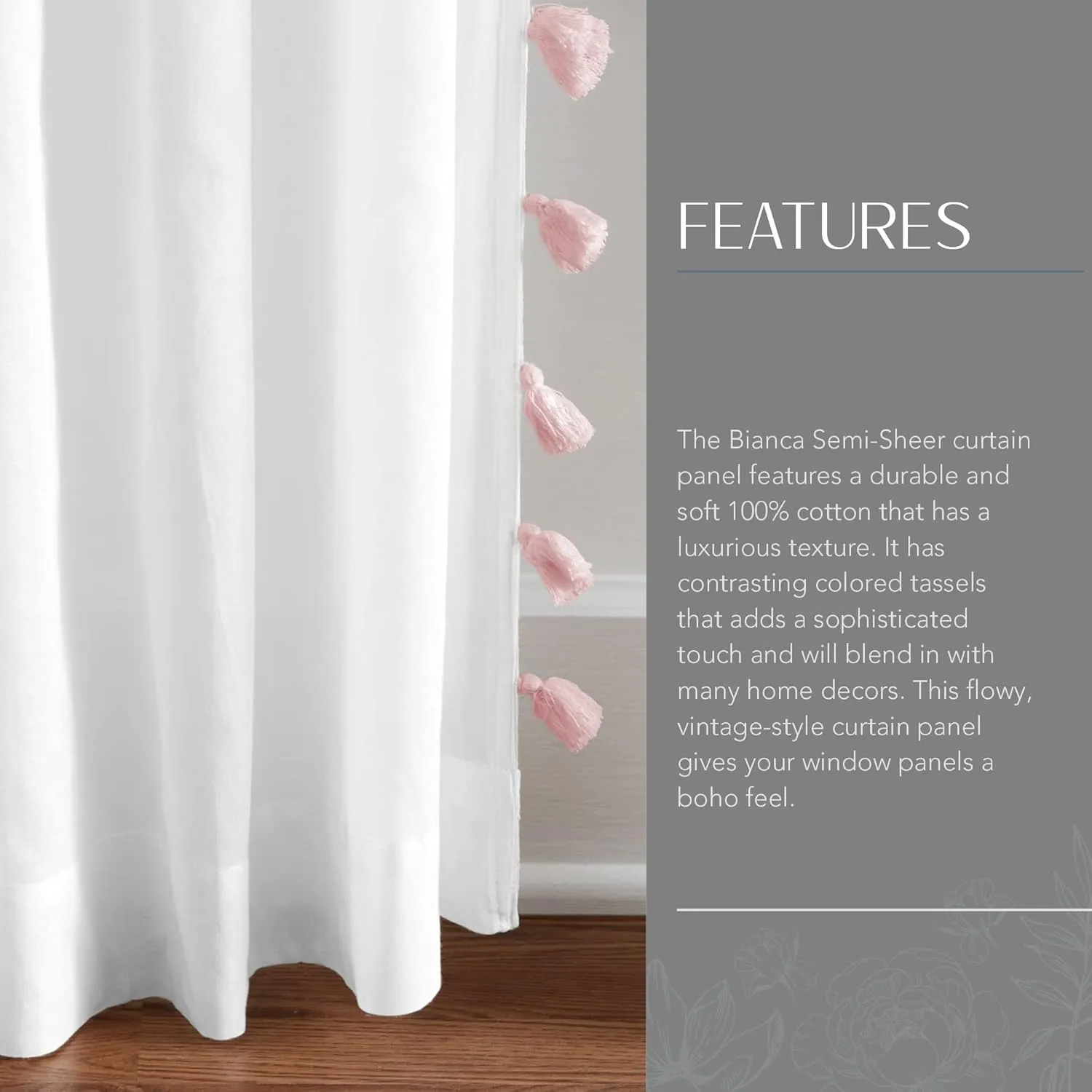 Elrene Home Fashions Bianca Boho Semi-Sheer White Cotton Rod-Pocket Window Curtain Panel with Colorful Side Tassels, 52 inches by 84 inches, Blush Pink