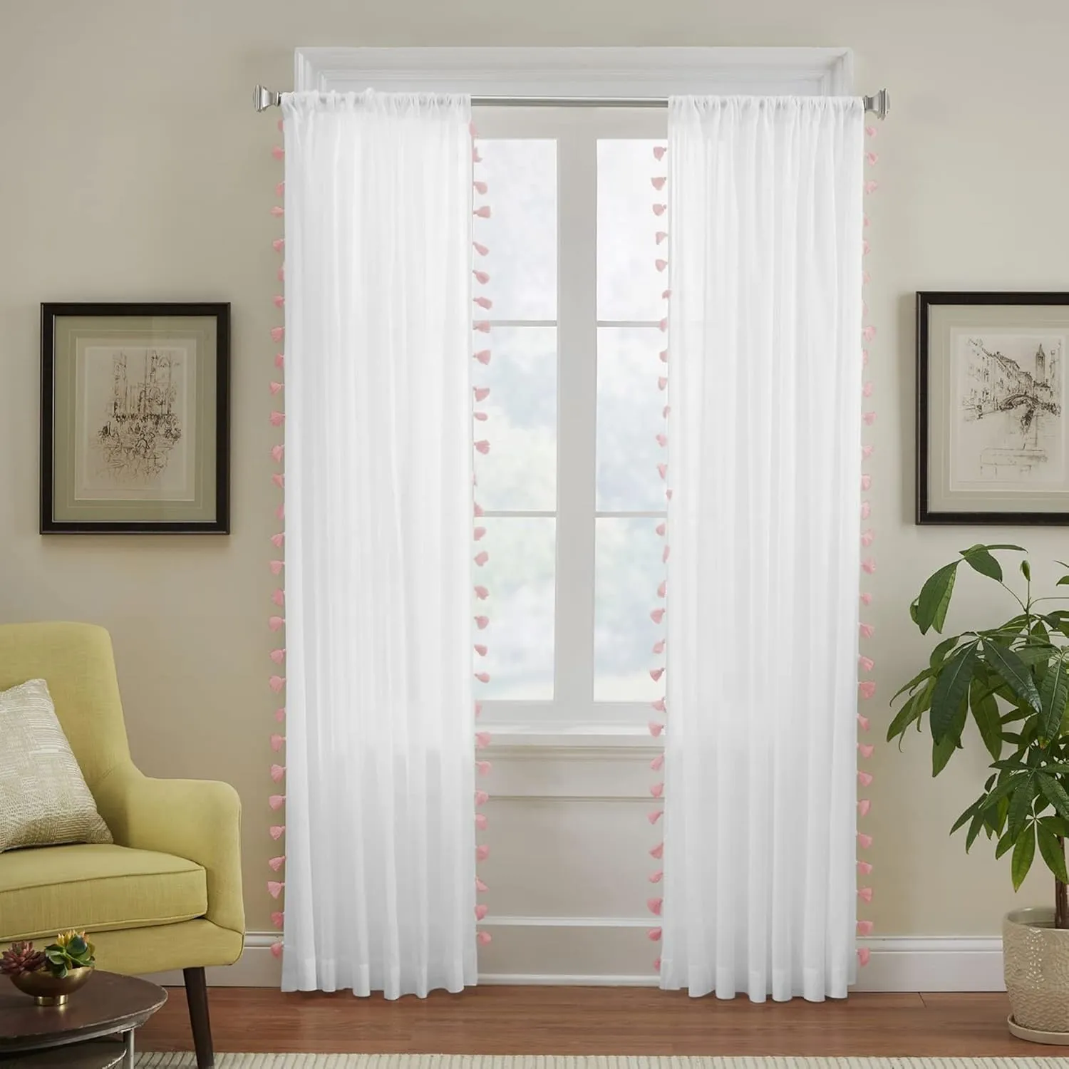 Elrene Home Fashions Bianca Boho Semi-Sheer White Cotton Rod-Pocket Window Curtain Panel with Colorful Side Tassels, 52 inches by 84 inches, Blush Pink