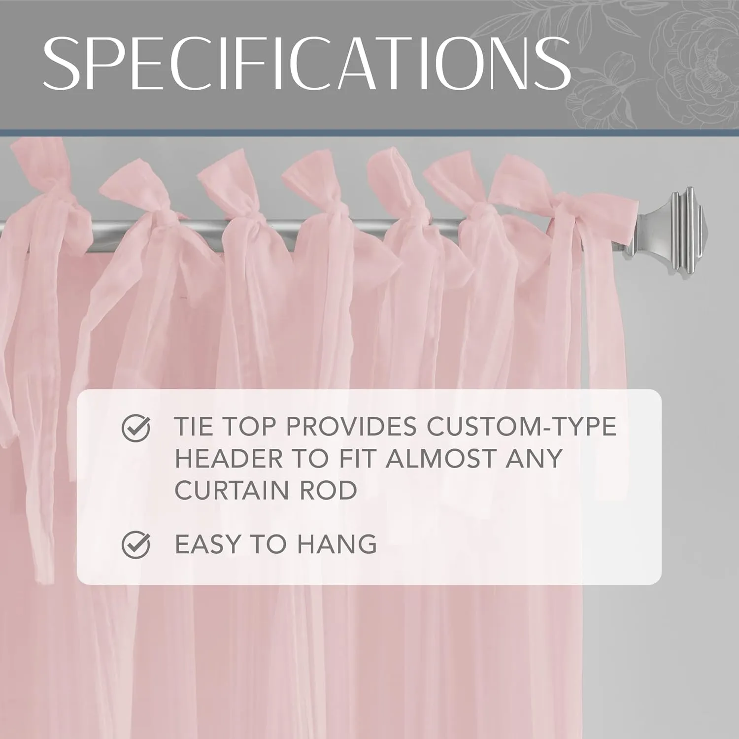 Elrene Home Fashions Jolie Crushed Semi-Sheer Window Curtain, Adjustable Tie-Top Single Panel, 52" x 95" (1 Panel), Blush