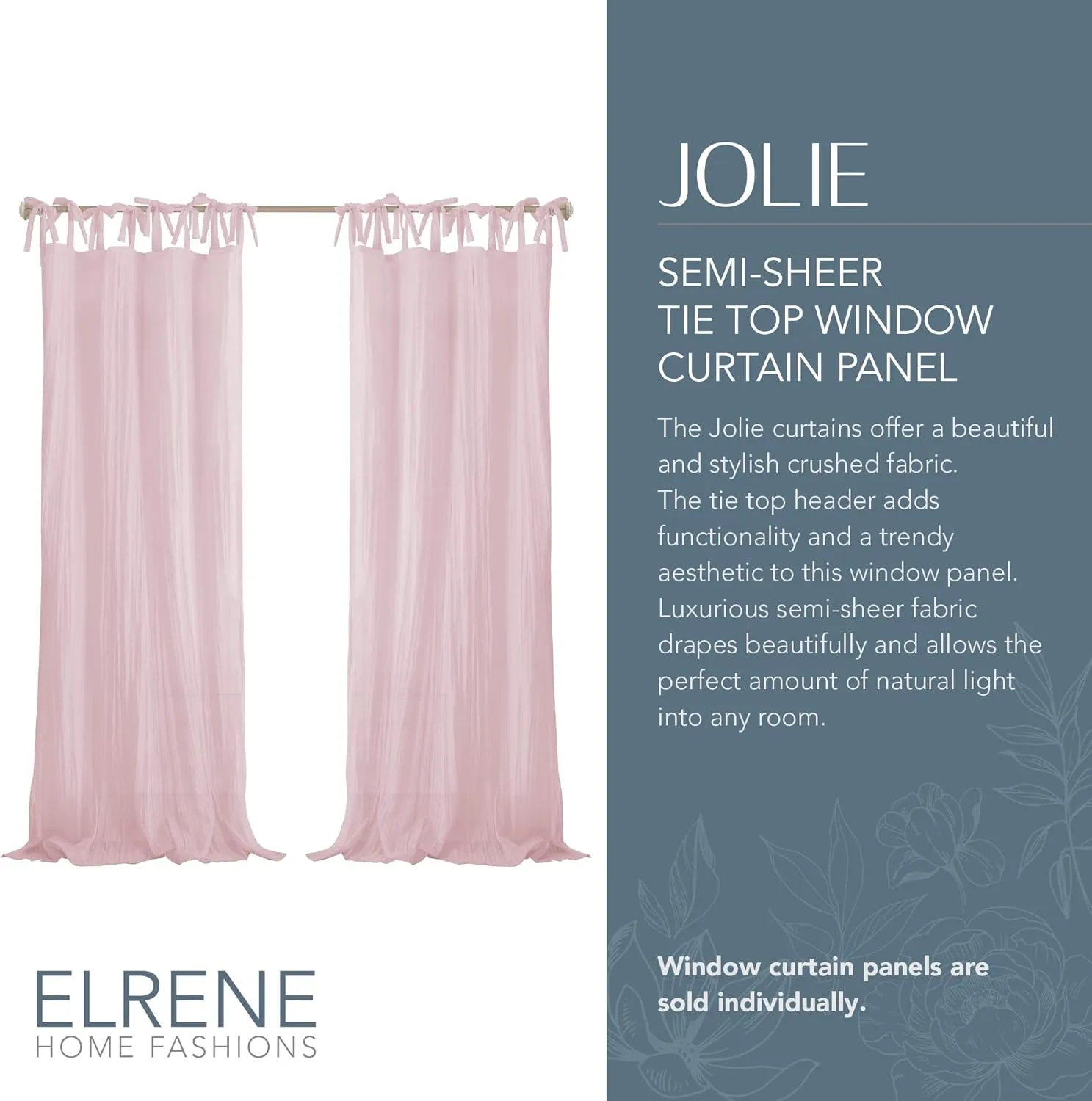 Elrene Home Fashions Jolie Crushed Semi-Sheer Window Curtain, Adjustable Tie-Top Single Panel, 52" x 95" (1 Panel), Blush