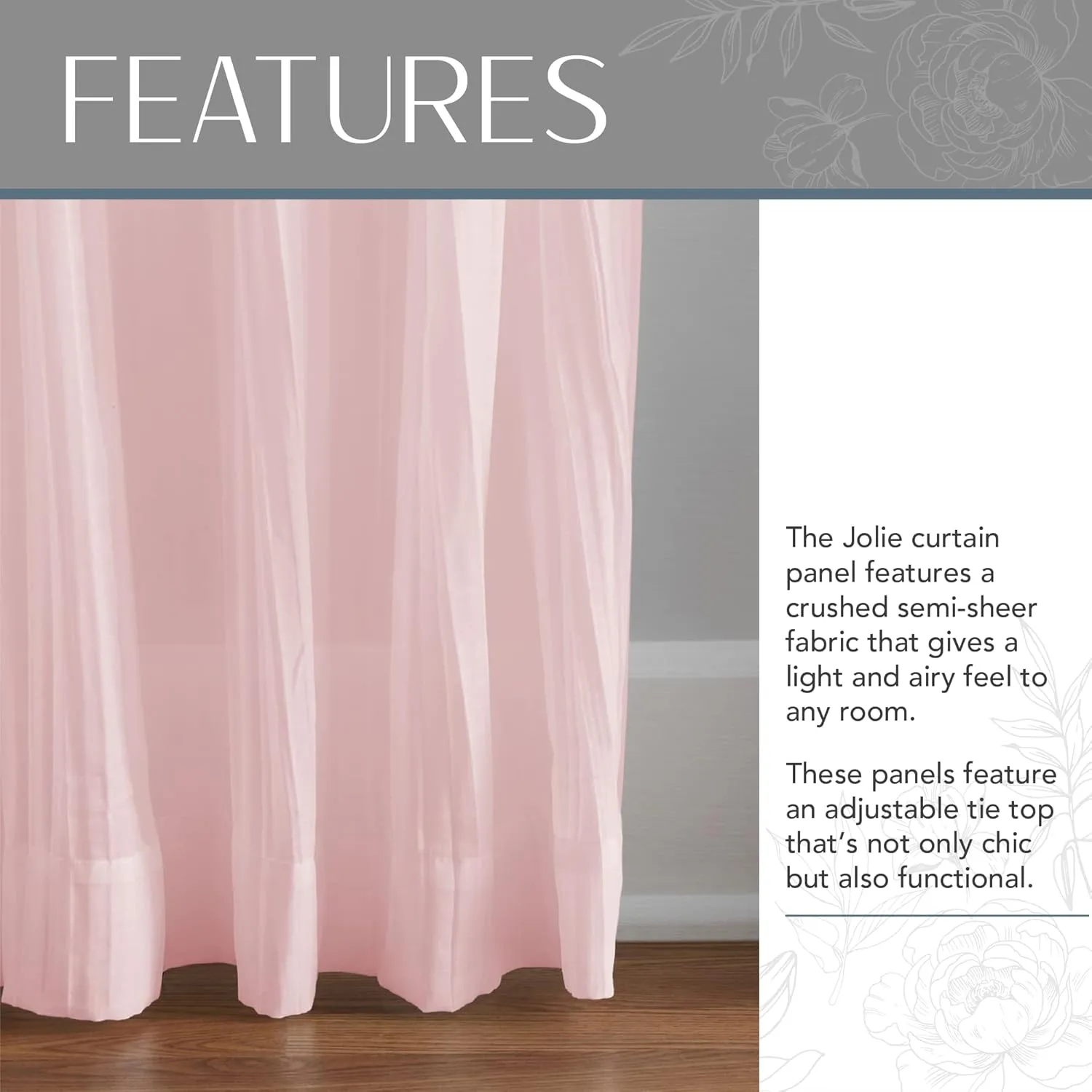 Elrene Home Fashions Jolie Crushed Semi-Sheer Window Curtain, Adjustable Tie-Top Single Panel, 52" x 95" (1 Panel), Blush