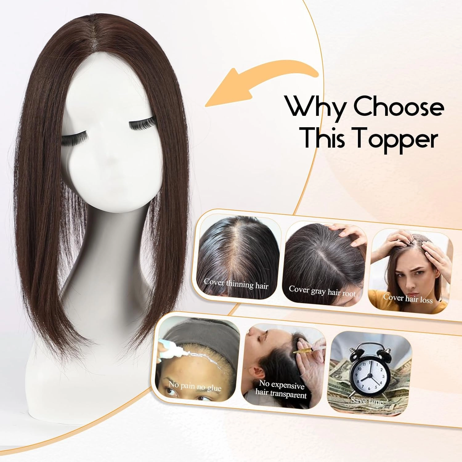 EMMOR 14 Inch Toppers for Thinning Hair, Synthetic Pieces With Non-Slip Clips, Hand-Woven Base, Extra Volume for Women With Hair Loss (Brown)