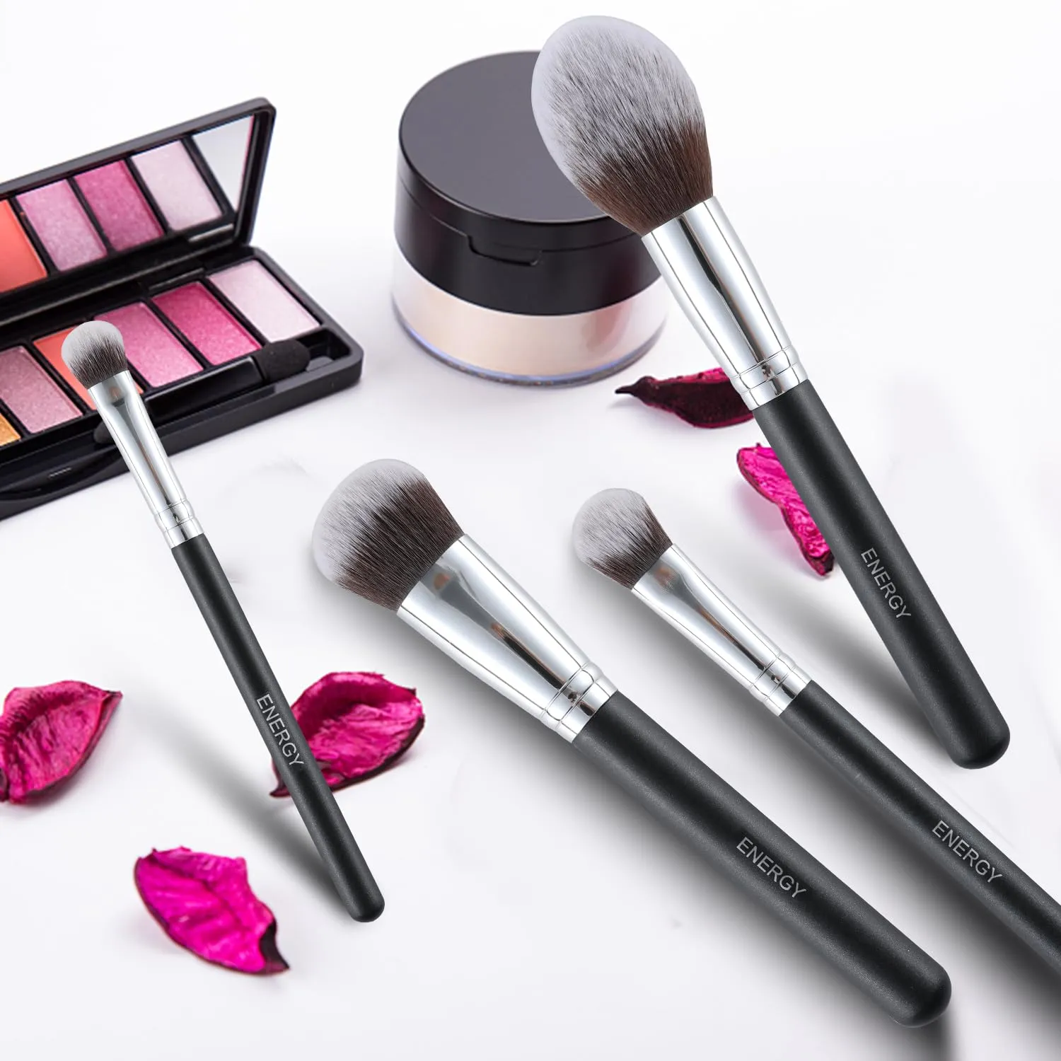 ENERGY Makeup Brush Set Premium Foundation,Bronzer,Blush,Concealer,Eyeshadow Contour with Liquid Cream Powders Blending Highlighting Buffing Professional Essential Face Brushes with Travel Case 4PCS