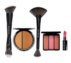 EVE PEARL 5 Pcs Set of Full Coverage Face, Cheek And Lip Collection Skin Care Makeup Complete Set of Foundation Blush Lipstick with Professional Brushes (Dark)