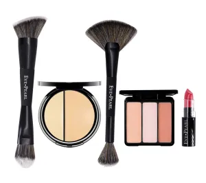 EVE PEARL 5 Pcs Set of Full Coverage Face, Cheek And Lip Collection Skin Care Makeup Complete Set of Foundation Blush Lipstick with Professional Brushes (Light)