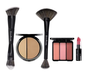 EVE PEARL 5 Pcs Set of Full Coverage Face, Cheek And Lip Collection Skin Care Makeup Complete Set of Foundation Blush Lipstick with Professional Brushes (Medium)