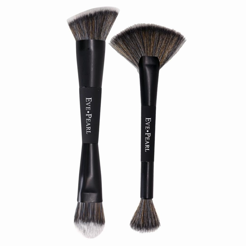 EVE PEARL Dual Brush Set Contour Blending Fan Highlighter Must Have Makeup Brushes Set Of 2 Synthetic Cruelty Free Hypoallergenic