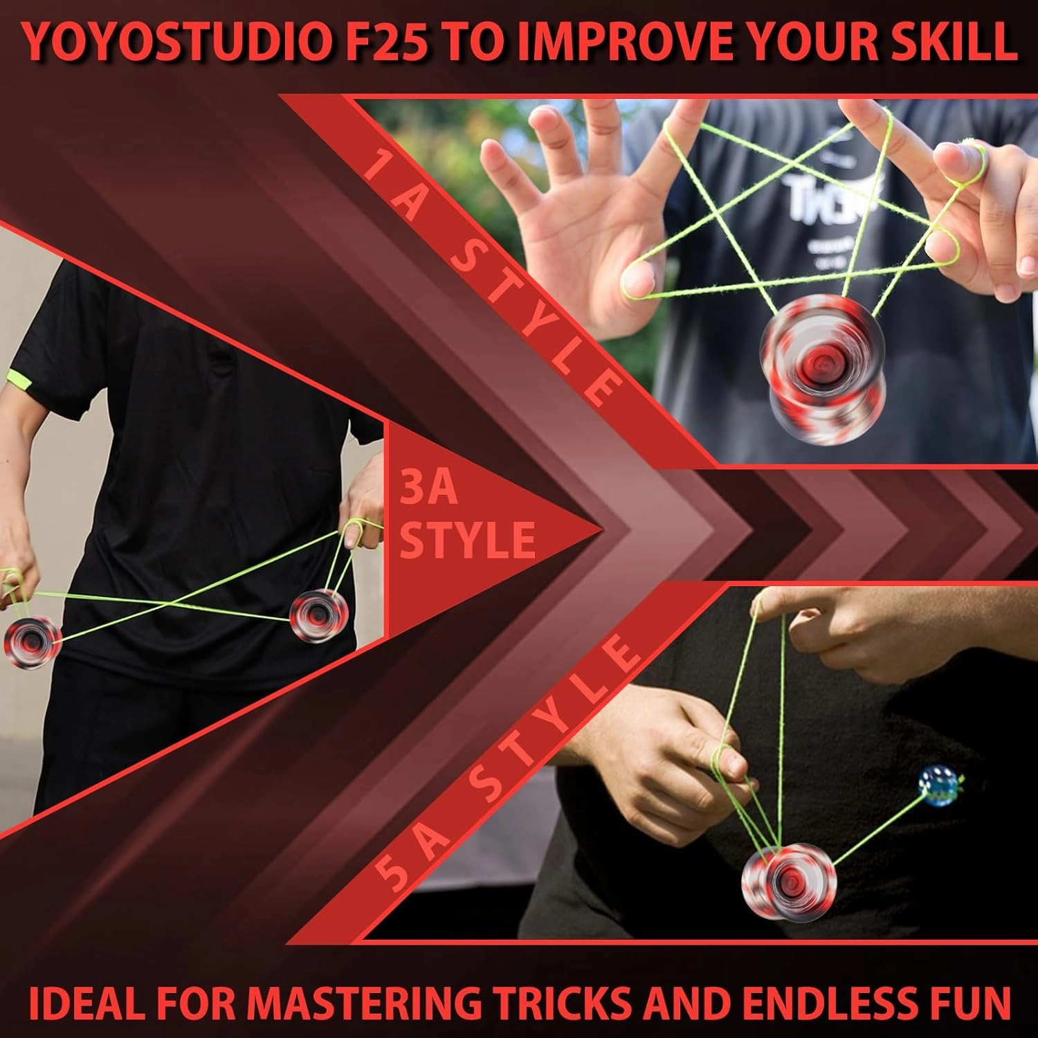 F25 Finger Spin Yoyo Professional Responsive Yoyo for Kids & Adults, Professional Trick Yoyos with Unrsponsive Yoyos Accessory Kit, 10 Yo-Yo Strings, Case & Glove - Black Red Silver