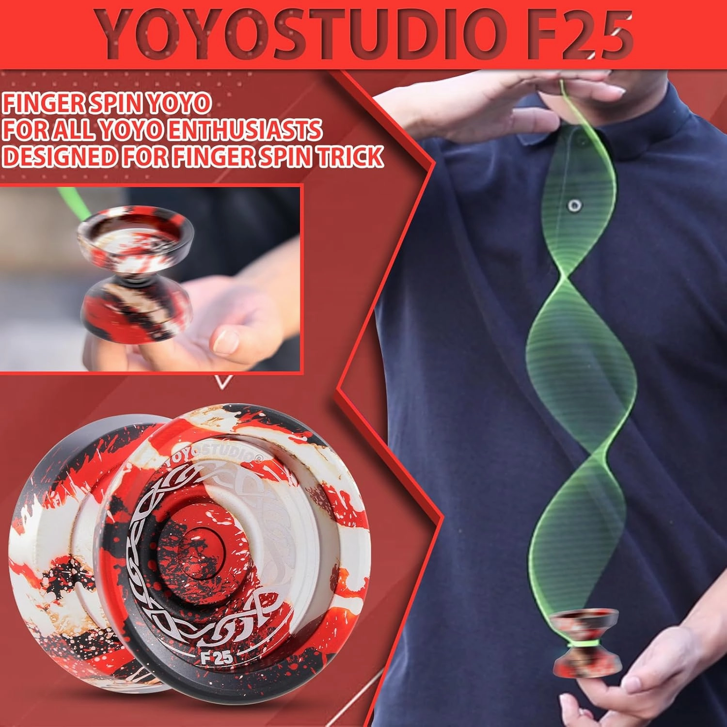 F25 Finger Spin Yoyo Professional Responsive Yoyo for Kids & Adults, Professional Trick Yoyos with Unrsponsive Yoyos Accessory Kit, 10 Yo-Yo Strings, Case & Glove - Black Red Silver