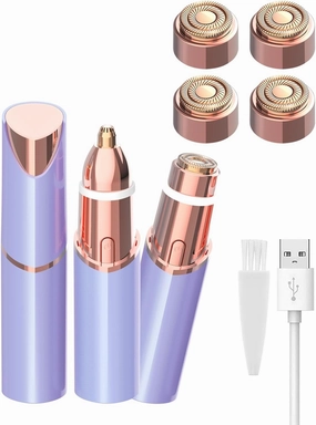 Facial Hair Removal Eyebrow Trimmer - 2 in 1 Facial Hair Remover for Women and 4pcs Replaceable Blades - Rechargeable Razor Bikini Shaver for Lady Men Girls for Face Peach Fuzz Lips Chin Armpit Body