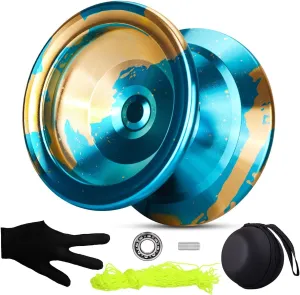 FETESNICE YOYO 002 Professional Yoyo for Kids 8-12 & Adults, Metal Yo-Yo Unresponsive/Responsive Dual Purpose Yoyo , Butterfly Yoyos with Bag, Glove, 10 Yo-Yo Strings and Bearing Kits (Blue)