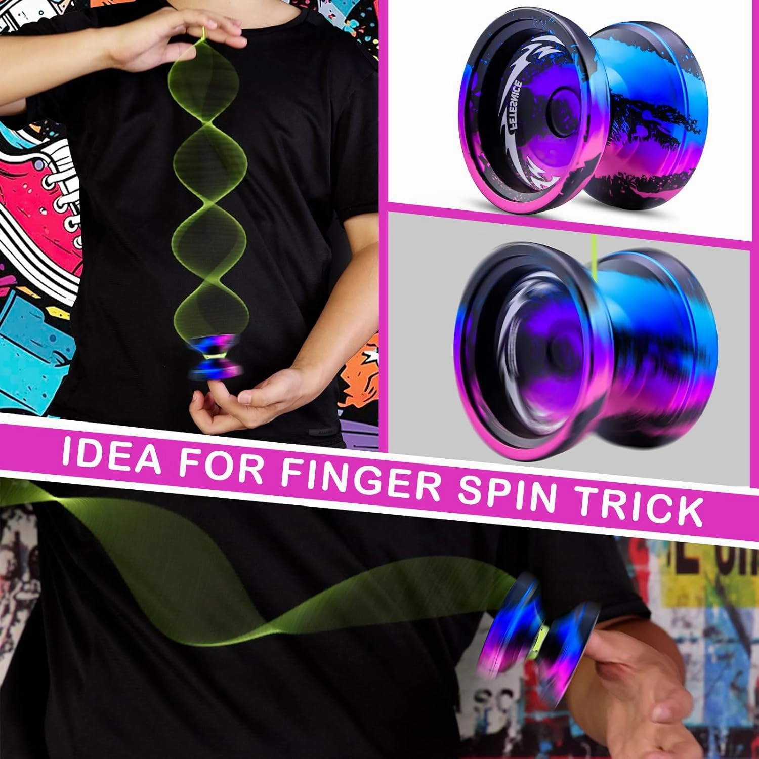 FETESNICE FS23 Metal Yo-Yo Professional - Responsive Trick Yoyo for Kids 8-12 Beginners & Adults, Finger Spin Yo-Yo with 10 Strings, Case, Glove & Adjustable Bearing Kit -Black Blue Pink