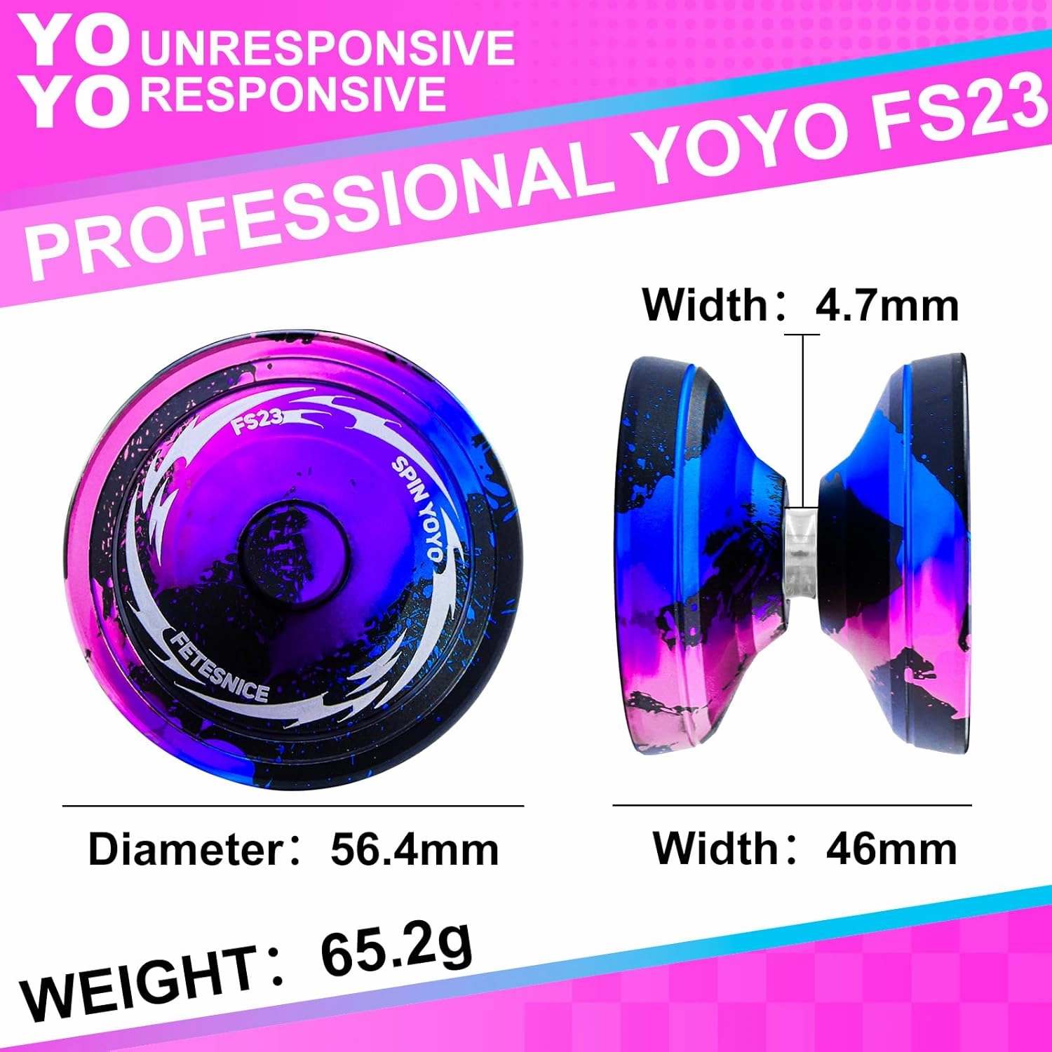 FETESNICE FS23 Metal Yo-Yo Professional - Responsive Trick Yoyo for Kids 8-12 Beginners & Adults, Finger Spin Yo-Yo with 10 Strings, Case, Glove & Adjustable Bearing Kit -Black Blue Pink