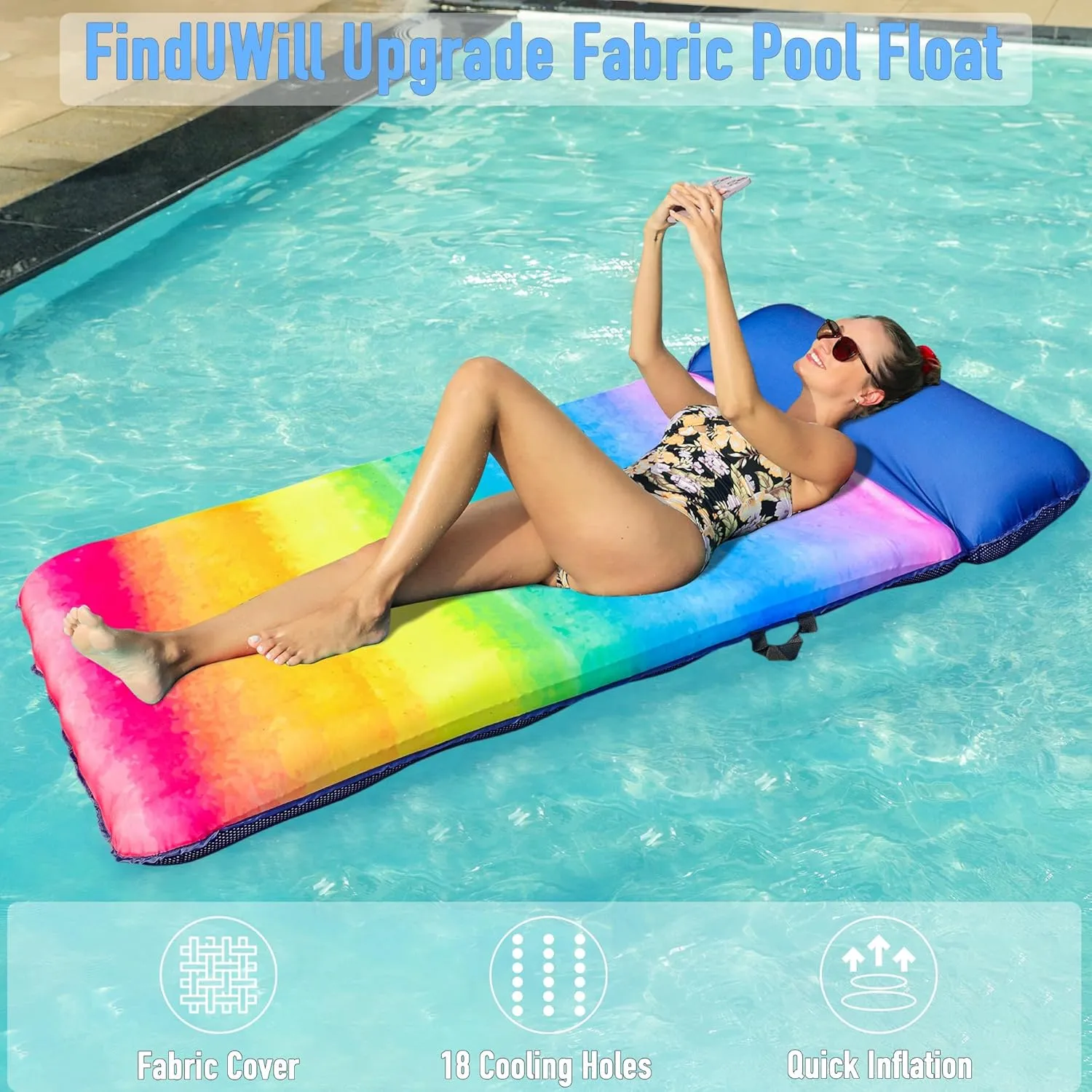 FindUWill Oversized Pool Float Lounge, 72" X 37" Extra Large Fabric-Covered Pool Floats for Adults, Inflatable Contour Lounger with Headrest Ultra-Comfort Cooling Pool Raft (XL, Monstera)