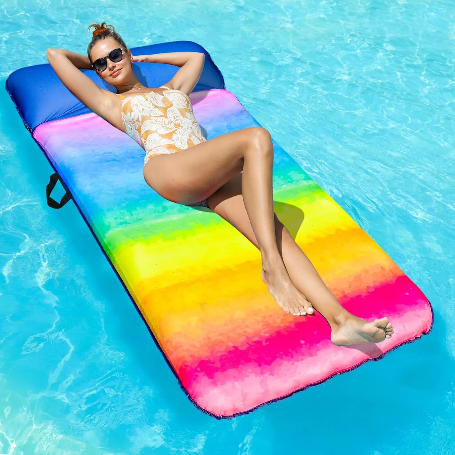 FindUWill Oversized Pool Float Lounge, 72" X 37" Extra Large Fabric-Covered Pool Floats for Adults, Inflatable Contour Lounger with Headrest Ultra-Comfort Cooling Pool Raft (XL, Monstera)
