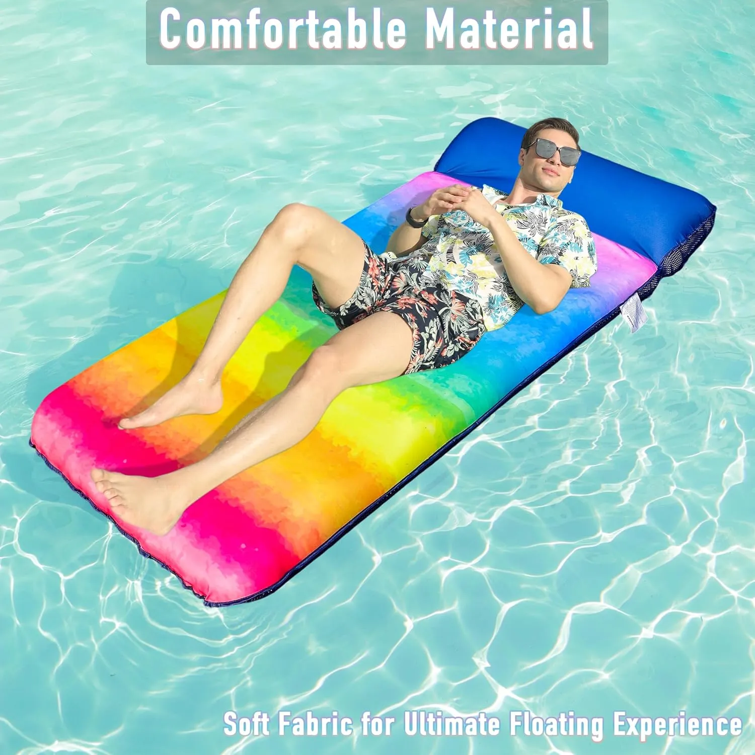 FindUWill Oversized Pool Float Lounge, 72" X 37" Extra Large Fabric-Covered Pool Floats for Adults, Inflatable Contour Lounger with Headrest Ultra-Comfort Cooling Pool Raft (XL, Monstera)