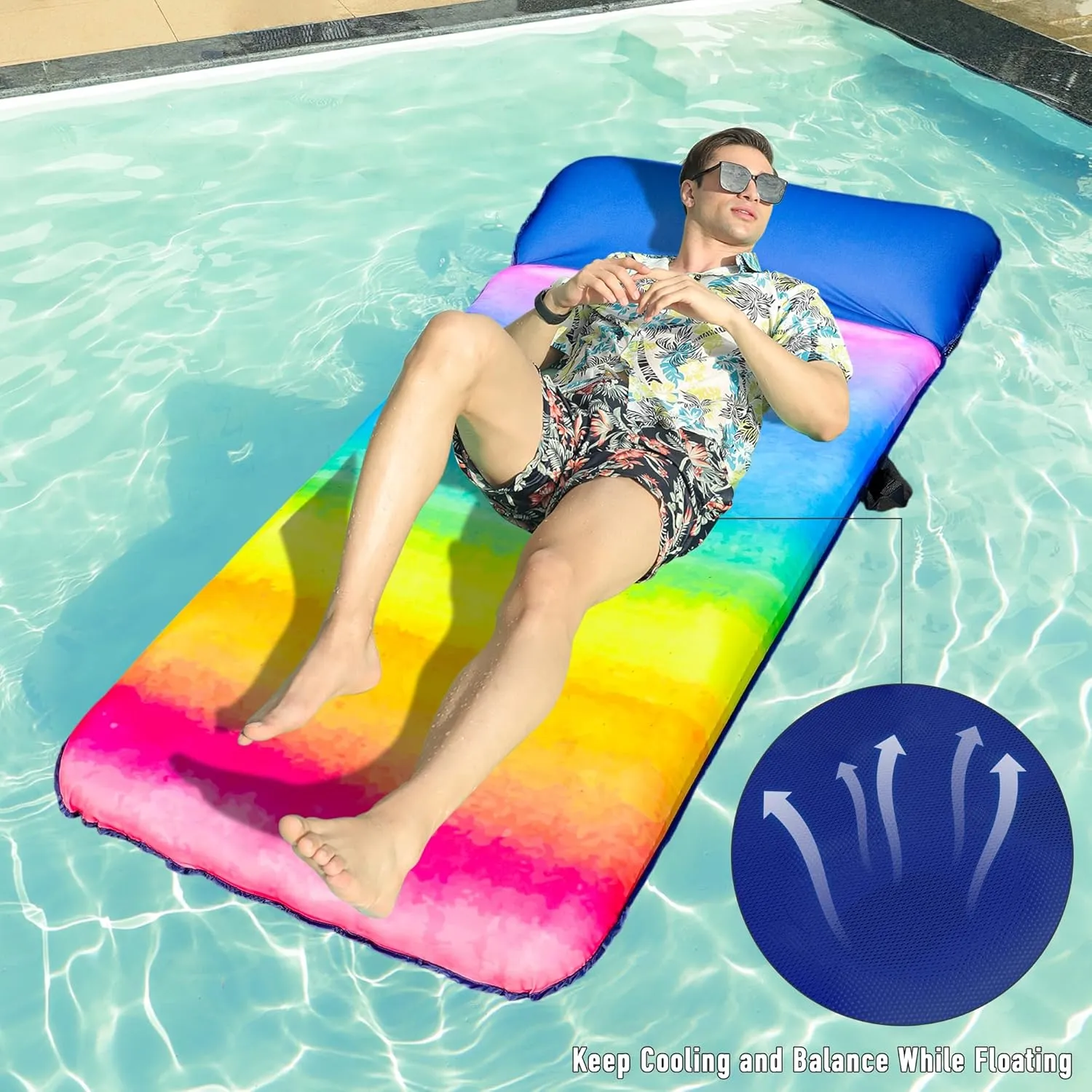FindUWill Oversized Pool Float Lounge, 72" X 37" Extra Large Fabric-Covered Pool Floats for Adults, Inflatable Contour Lounger with Headrest Ultra-Comfort Cooling Pool Raft (XL, Monstera)
