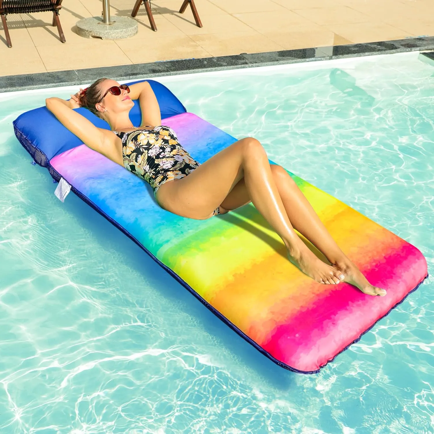 FindUWill Oversized Pool Float Lounge, 72" X 37" Extra Large Fabric-Covered Pool Floats for Adults, Inflatable Contour Lounger with Headrest Ultra-Comfort Cooling Pool Raft (XL, Monstera)