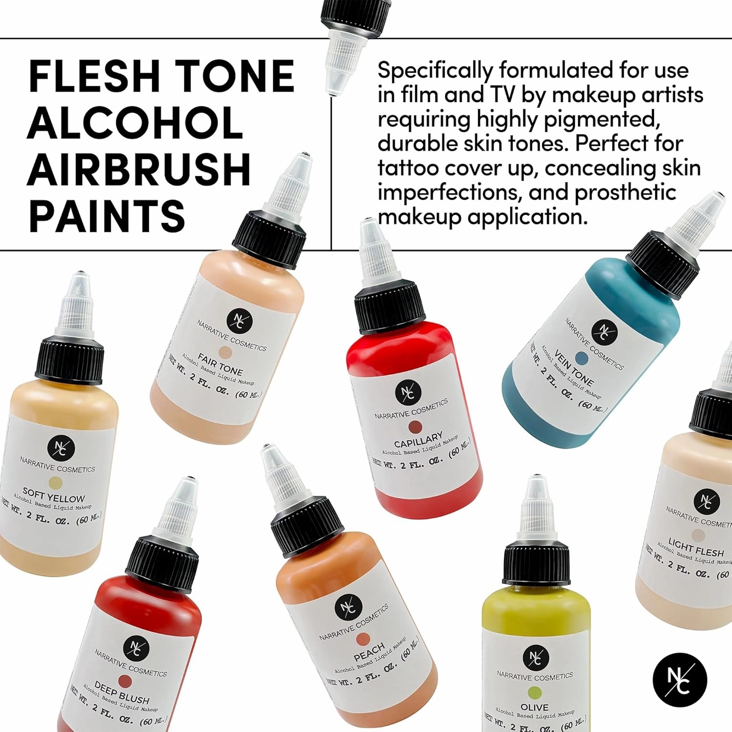 Flesh Tone Alcohol Airbrush Paints - 2 fl oz, Skin Safe, Quick Dry, Waterproof, Sweatproof, Transferproof Liquid Makeup for Tattoo Cover-Up, Bodypainting, FX Makeup - Soft Yellow