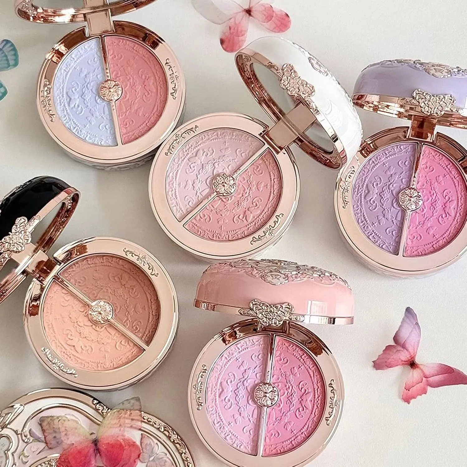 Flower Knows Butterfly Cloud Collar Rouge Box Highlighting & Blush Duo Powder,Matte Finish,Buildable & Blendable Makeup Blush for cheeks,Soft & Long-lasting for Girls & Women(04 Fluttering Romance)
