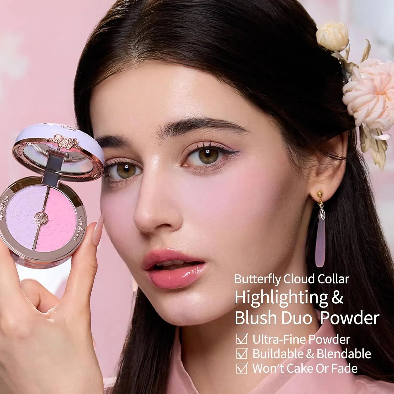 Flower Knows Butterfly Cloud Collar Rouge Box Highlighting & Blush Duo Powder,Matte Finish,Buildable & Blendable Makeup Blush for cheeks,Soft & Long-lasting for Girls & Women(04 Fluttering Romance)