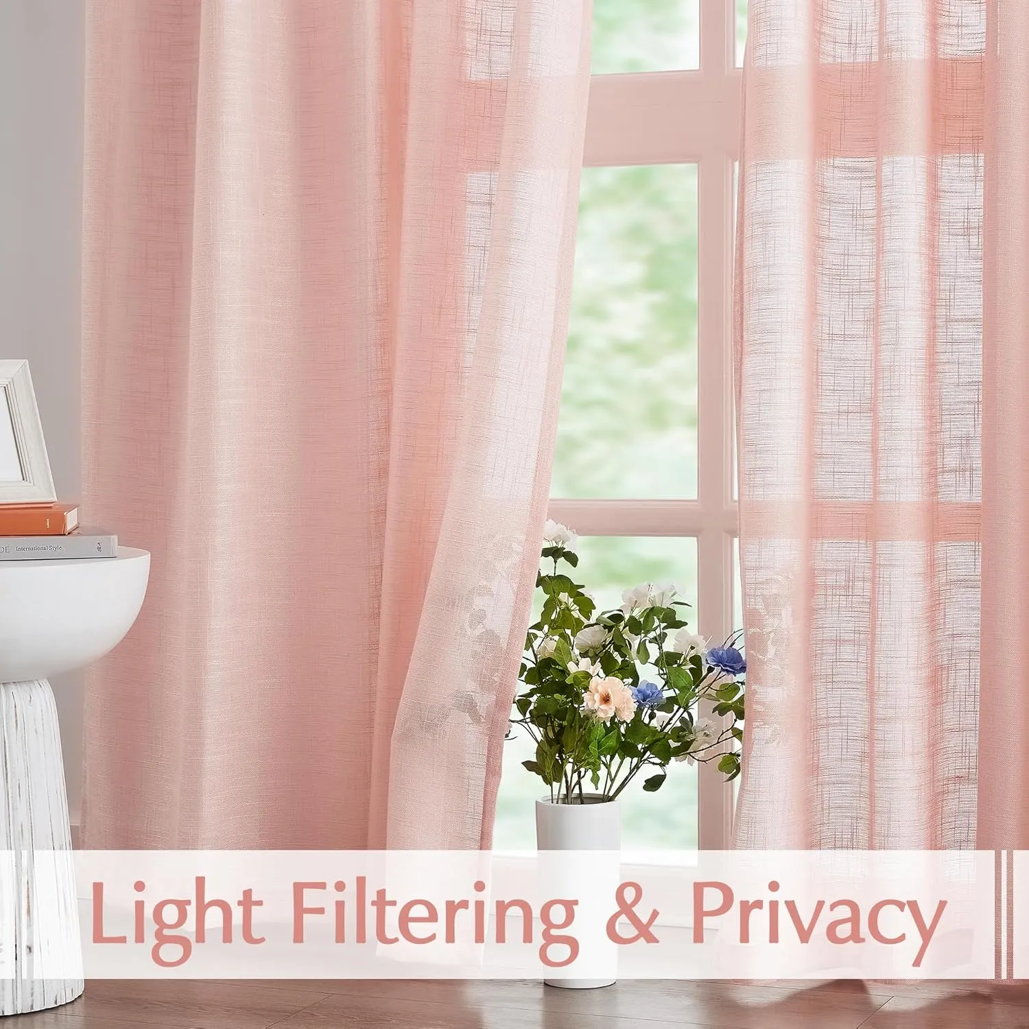 FMFUNCTEX Linen Semi Sheer Curtains for Bedroom, Blush Pink Curtains 84 Inches Long for Living Room, Country Farmhouse Sheer Drapes, Light Filtering Window Curtain, Grommet Top 2 Panels