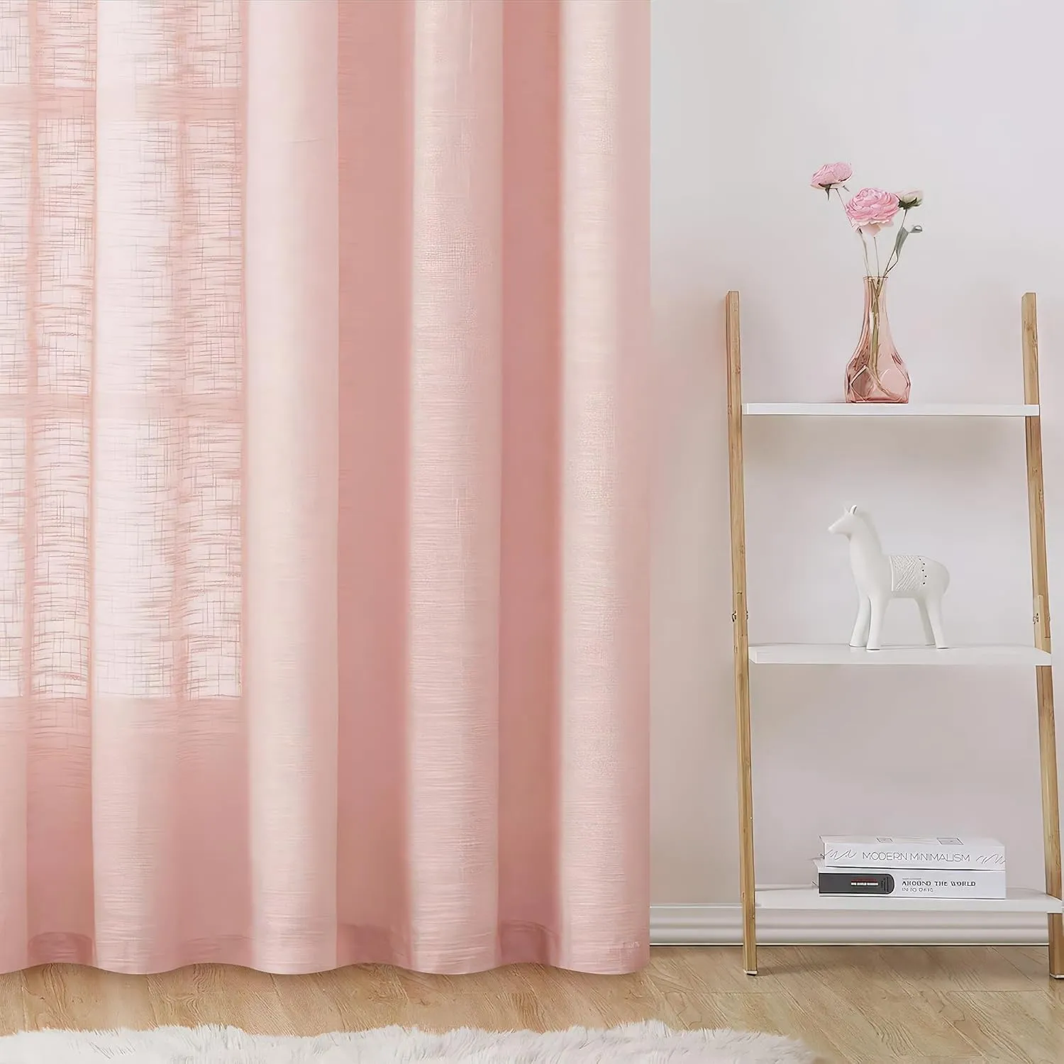 FMFUNCTEX Linen Semi Sheer Curtains for Bedroom, Blush Pink Curtains 84 Inches Long for Living Room, Country Farmhouse Sheer Drapes, Light Filtering Window Curtain, Grommet Top 2 Panels