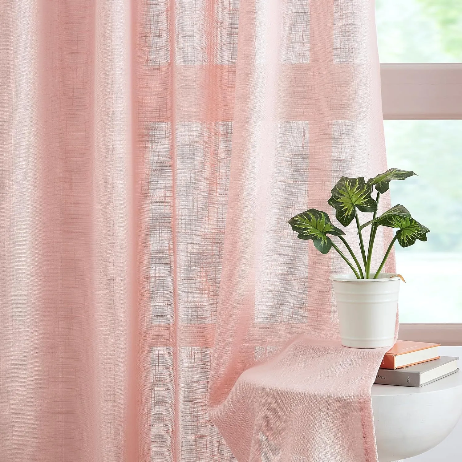 FMFUNCTEX Linen Semi Sheer Curtains for Bedroom, Blush Pink Curtains 84 Inches Long for Living Room, Country Farmhouse Sheer Drapes, Light Filtering Window Curtain, Grommet Top 2 Panels