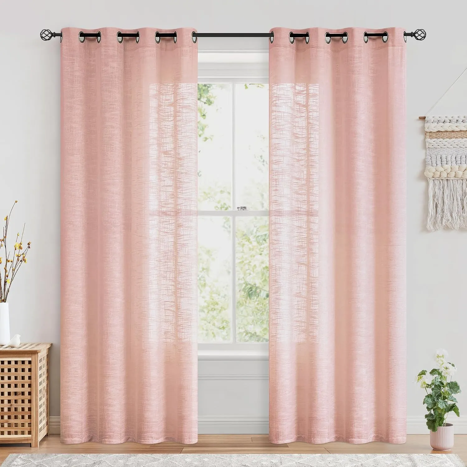 FMFUNCTEX Linen Semi Sheer Curtains for Bedroom, Blush Pink Curtains 84 Inches Long for Living Room, Country Farmhouse Sheer Drapes, Light Filtering Window Curtain, Grommet Top 2 Panels