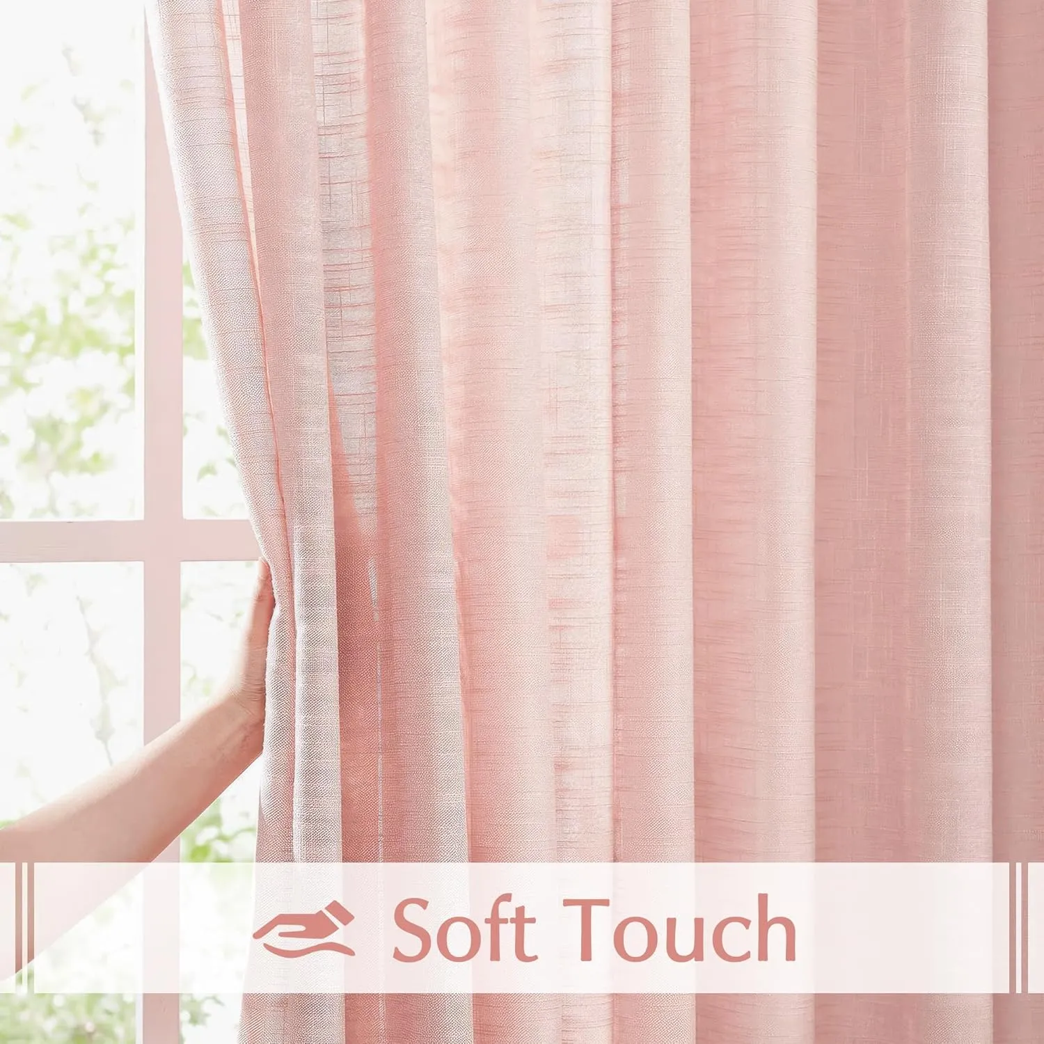 FMFUNCTEX Linen Semi Sheer Curtains for Bedroom, Blush Pink Curtains 84 Inches Long for Living Room, Country Farmhouse Sheer Drapes, Light Filtering Window Curtain, Grommet Top 2 Panels