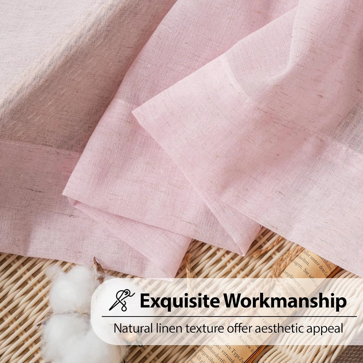 FMFUNCTEX Linen Sheer Curtains for Bedroom, Pink Curtains 96 inches Long for Living Room, Blush Pink Farmhouse French Flax Blend Window Draperies, Rod Pocket 2 Panels Set