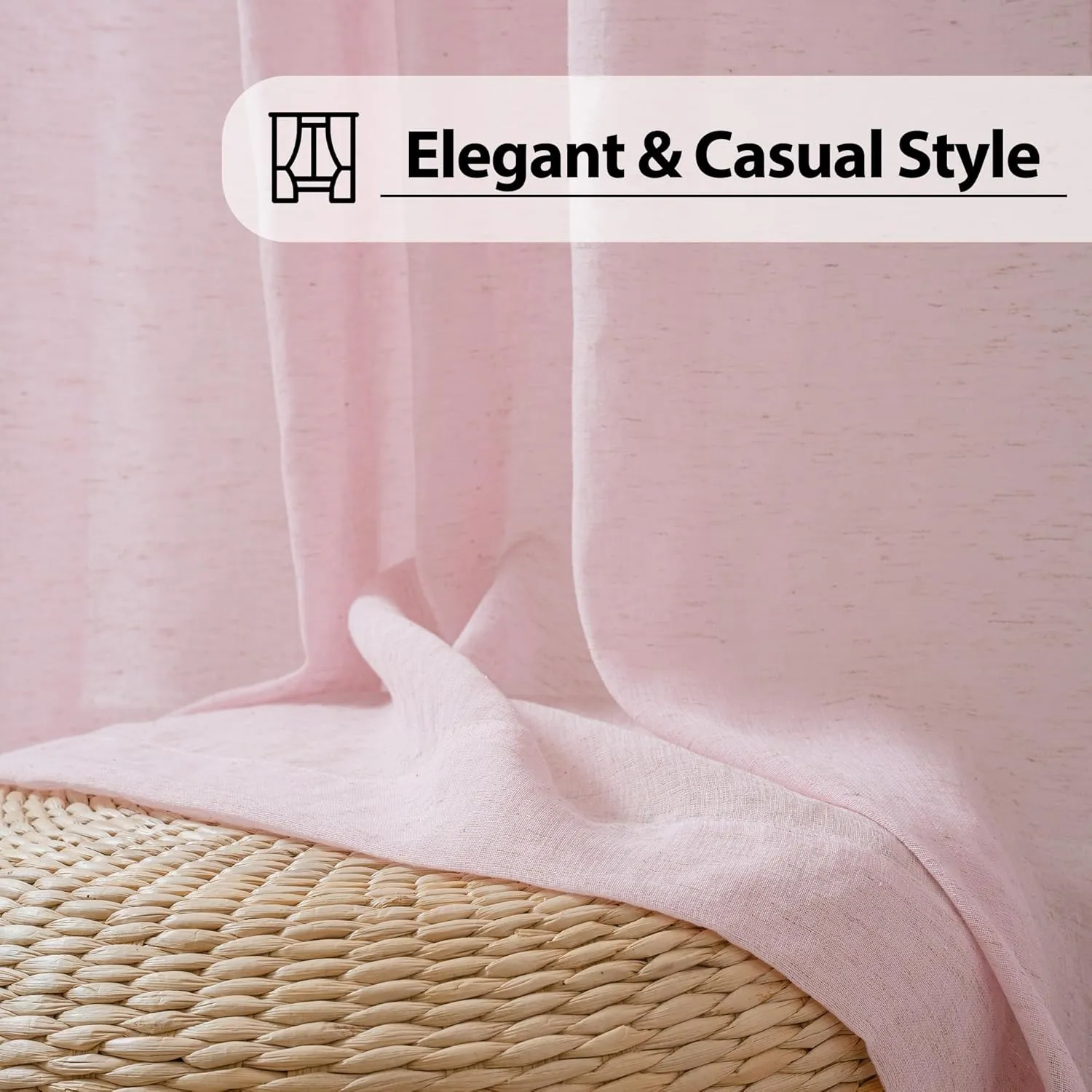 FMFUNCTEX Linen Sheer Curtains for Bedroom, Pink Curtains 96 inches Long for Living Room, Blush Pink Farmhouse French Flax Blend Window Draperies, Rod Pocket 2 Panels Set