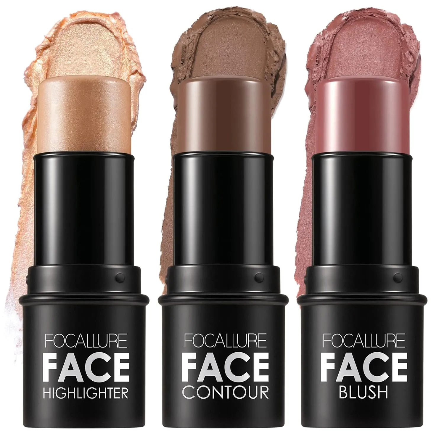 FOCALLURE 3 Pcs Cream Contour Sticks,Shades with Highlighter & Bronzer & Blush,Non-greasy Long-wear Face Contouring Pen,Easy to Sculpt the Face and Create a Lightweight Finishing Makeup,DEEP