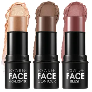 FOCALLURE 3 Pcs Cream Contour Sticks,Shades with Highlighter & Bronzer & Blush,Non-greasy Long-wear Face Contouring Pen,Easy to Sculpt the Face and Create a Lightweight Finishing Makeup,DEEP