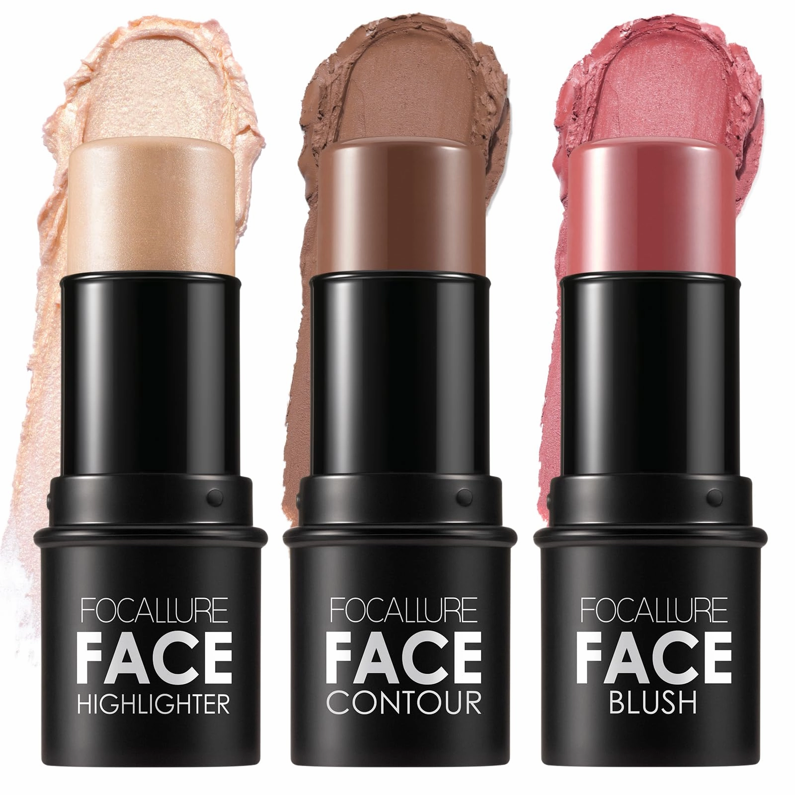 FOCALLURE 3 Pcs Cream Contour Sticks,Shades with Highlighter & Bronzer & Blush,Non-greasy Long-wear Face Contouring Pen,Easy to Sculpt the Face and Create a Lightweight Finishing Makeup,TAN