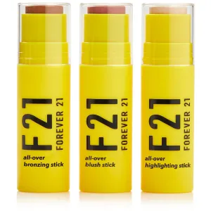 Forever 21 F21 Beauty All Over Sticks, Set of 3 Light Shades w. Bronzer Stick (Fawn), Blush Stick (Petal), Highlighter Stick (Moonstone), Multi-Use Makeup Trio for Face, Cheeks, Contour, Sculp & Glow