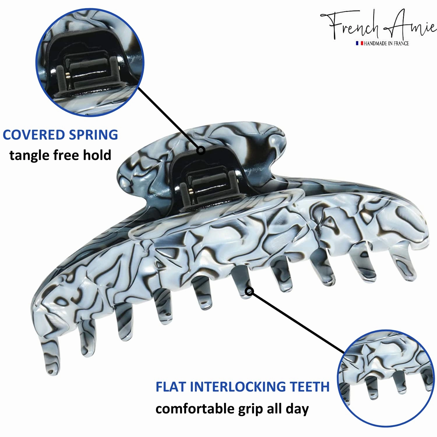 French Amie Contour Gray Magma Large 4 ¾” Handmade Cellulose Hair Grip Claw Clip Clamps Indoor Outdoor for Women and Girls for Thick Hairs (Gray Magma)