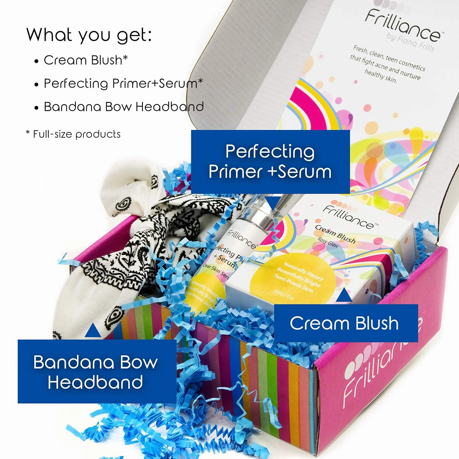 Frilliance Teen Skin & Glow Gift Set Beauty Bundle, Cruelty-Free Hypo-Allergenic Rosy Glow Cream, Primer & Serum, and Bandana