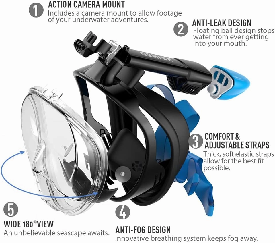 G2RISE Full Face Snorkel Mask Adults Snorkeling Set Gear for Kids with Detachable Camera Mount, Safe Breathing, Anti Fog Anti Leak