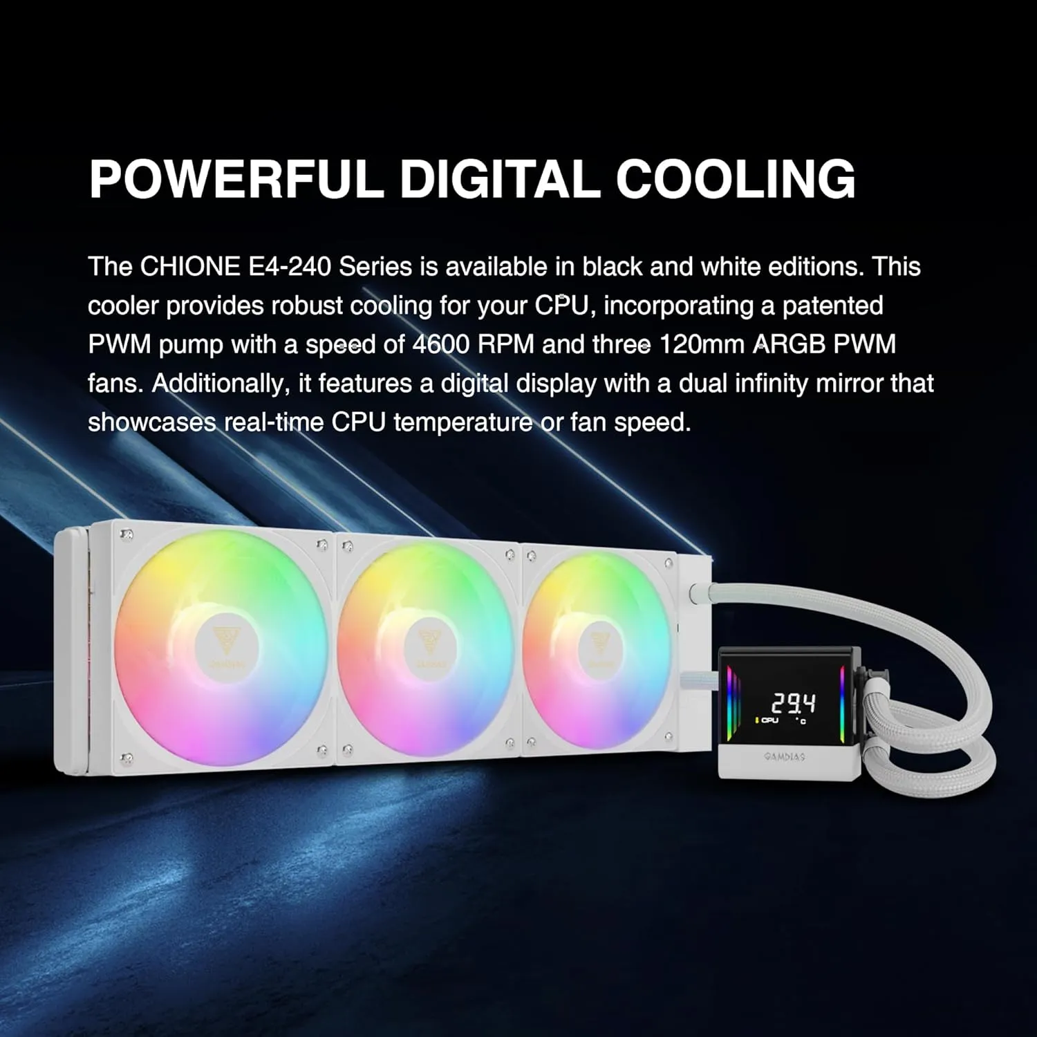 GAMDIAS CHIONE E4 360mm AIO CPU Water Cooler, Real-time Digital Display Patented PWM Pump, Hidden Cable Design, ARGB PWM Fan w/MB Sync, Intel LGA 1700/1200, AMD AM5/AM4, White