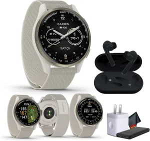 Garmin Approach S50 Advanced Golf Watch with GPS, AMOLED Display, Sports and Fitness Smartwatch, Cream Gold Aluminum Bezel with Ivory Comfort Fit Nylon Band Bundle with Wireless Air Buds