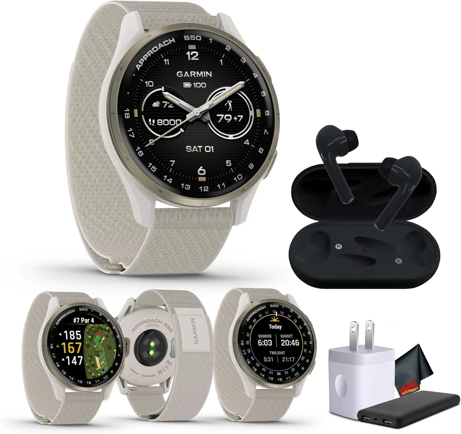 Garmin Approach S50 Advanced Golf Watch with GPS, AMOLED Display, Sports and Fitness Smartwatch, Cream Gold Aluminum Bezel with Ivory Comfort Fit Nylon Band Bundle with Wireless Air Buds