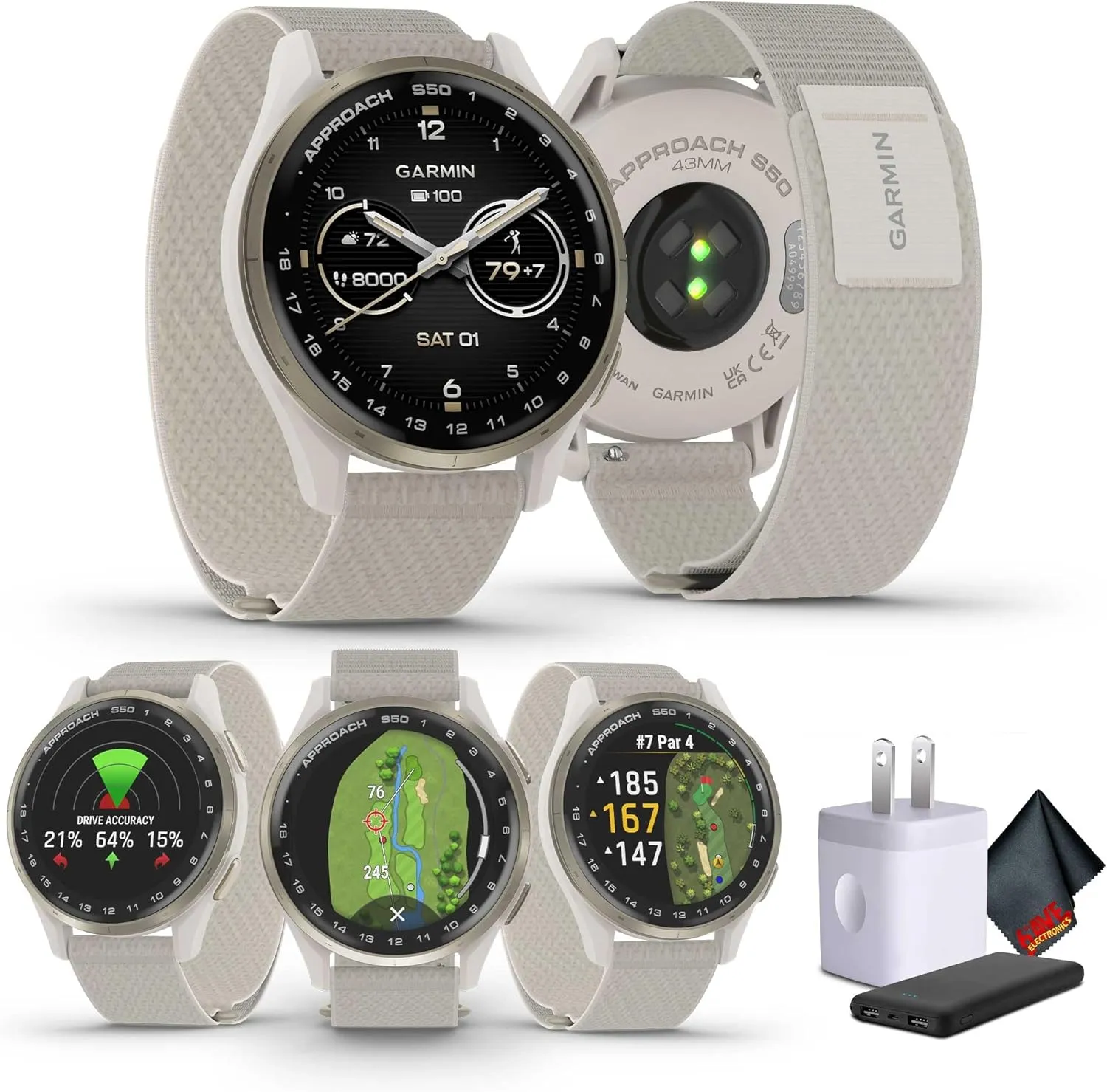 Garmin Approach S50 Advanced GPS Golf Smartwatch, AMOLED Display, On-Course Features, Sports and Fitness Watch, Cream Gold Aluminum Bezel with Ivory Comfort Fit Nylon Band Bundle