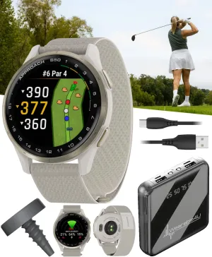Garmin Approach S50 Golf GPS Smartwatch Cream Gold Aluminum Bezel with Ivory ComfortFit Nylon Band, CT1 Club Tracking Tags with Wearable4U Power Bank Bundle