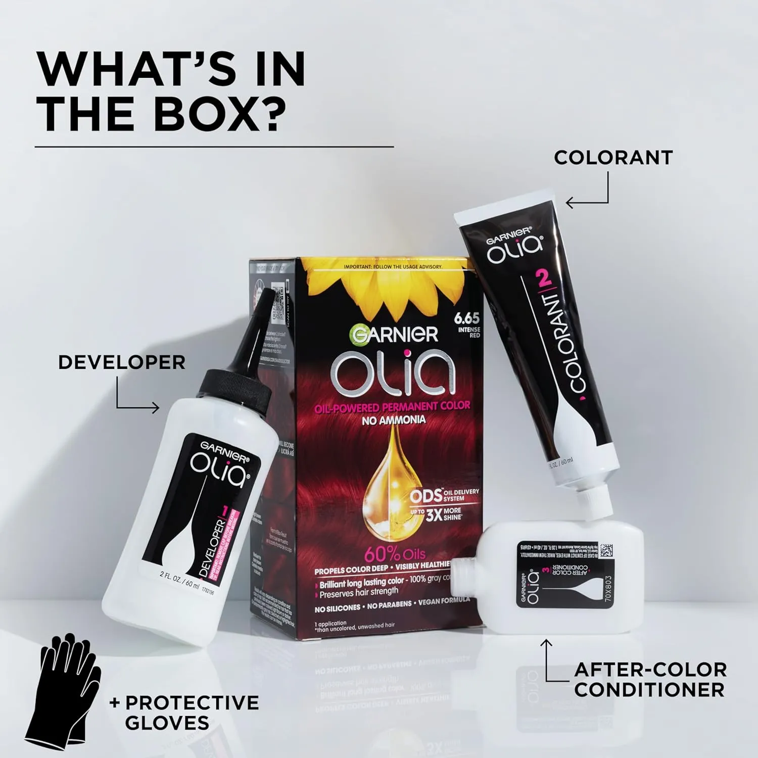 Garnier Olia Hair Color, Oil Powered Ammonia Free Permanent Hair Dye for Long-Lasting Color, 6.65 Intense Red, 2 Dye Kits