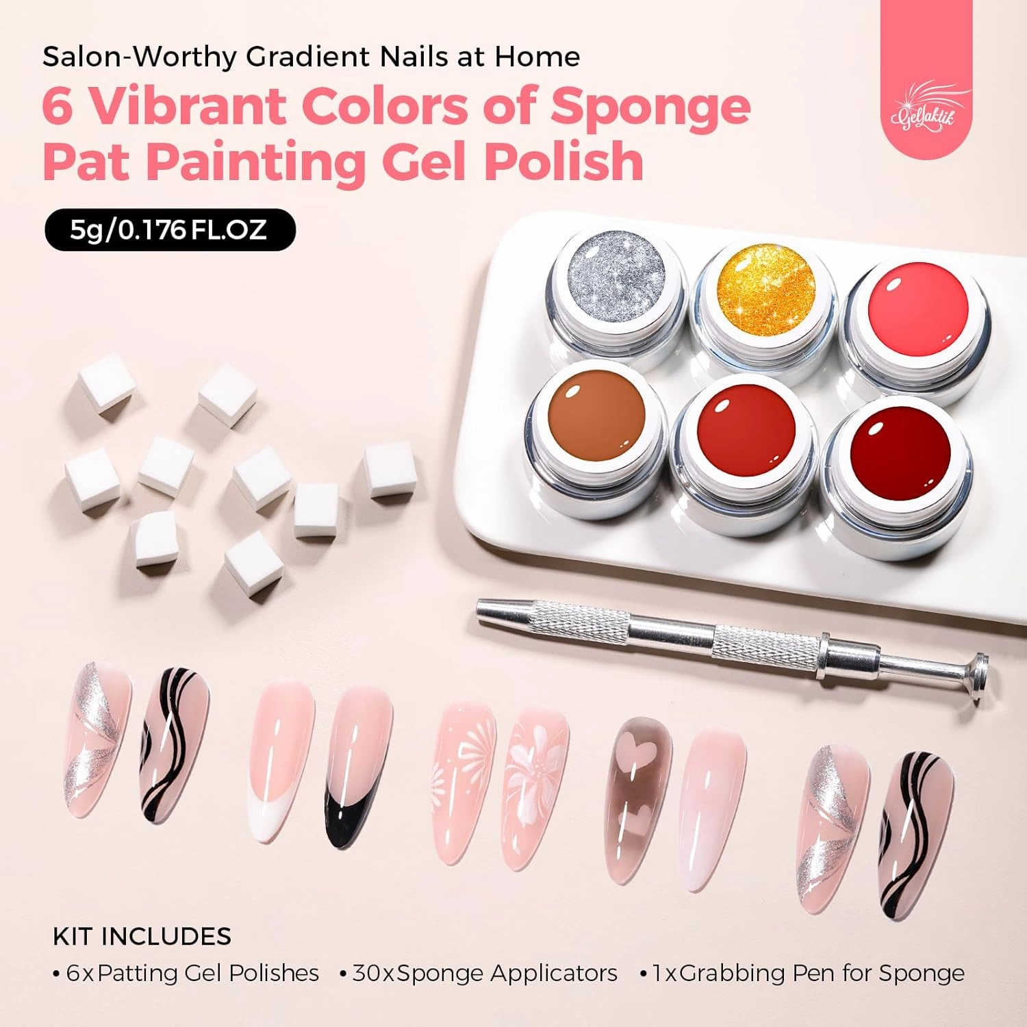 GELLEKTIK 6 Colors Pat Painting Gel Polish Kit for Nails, Ombre Gradient Blush Effect Solid Gel Nail Polish with 30PCS Sponge Applicators & Grabbing Pen ,Nail Art for DIY French Manicure at Home