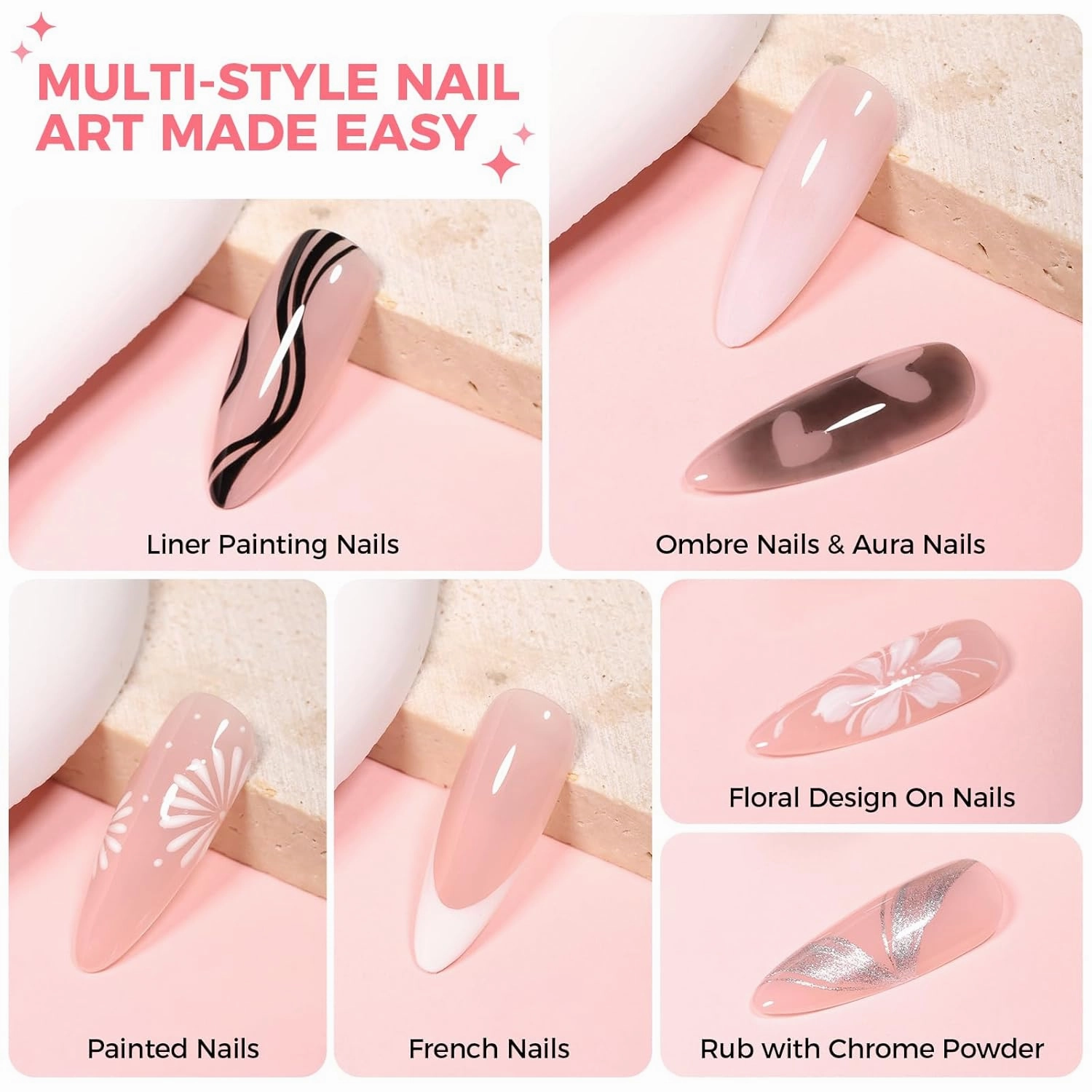 GELLEKTIK 6 Colors Pat Painting Gel Polish Kit for Nails, Ombre Gradient Blush Effect Solid Gel Nail Polish with 30PCS Sponge Applicators & Grabbing Pen ,Nail Art for DIY French Manicure at Home