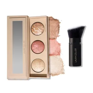Geller's Greatest Lift-n-Glow Palette - Tahitian Glow, Pink Grapefruit, Toasted Coconut   Retractable Angled Kabuki Brush