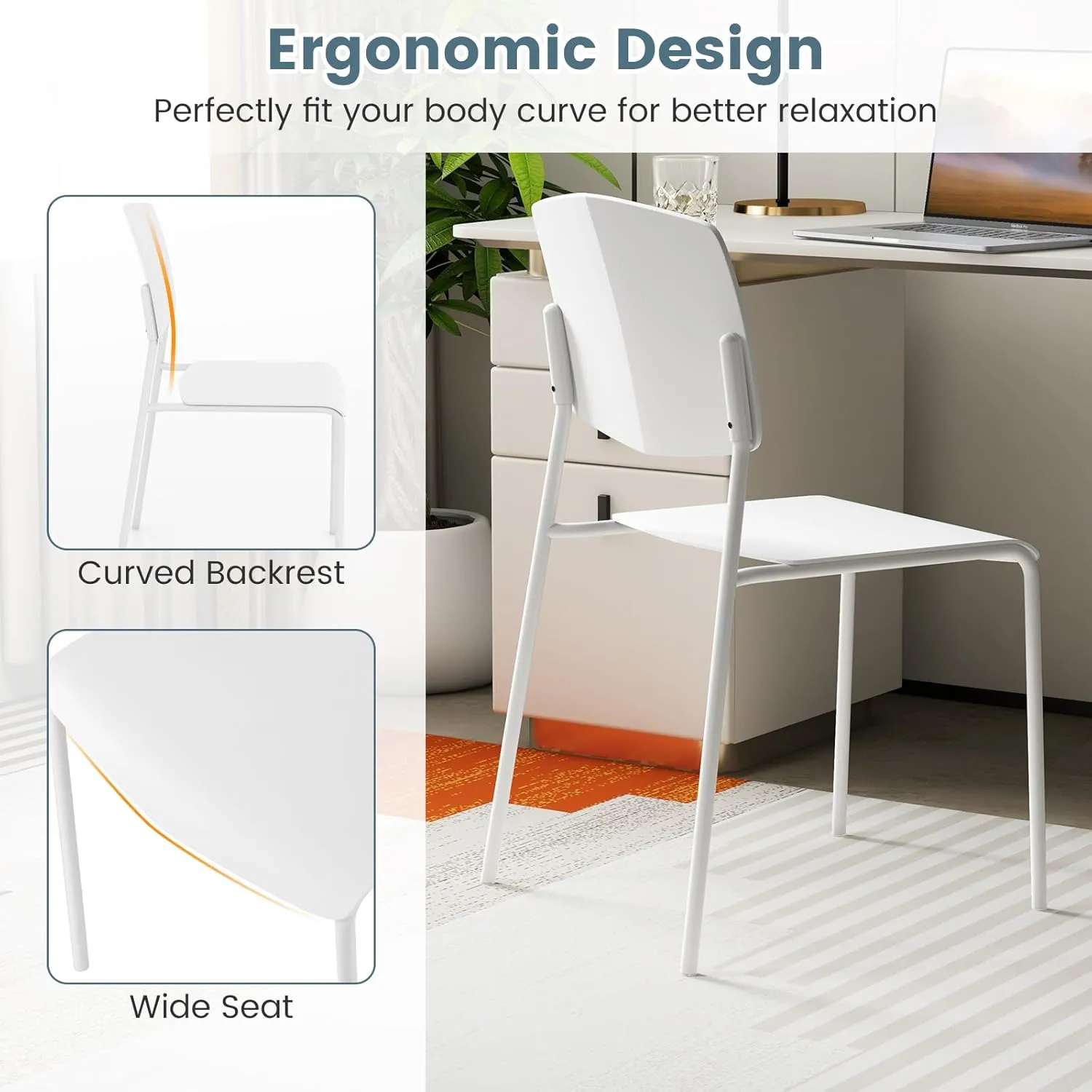 Giantex Stackable Dining Chairs Set of 4, Modern Kitchen Chairs w/Metal Legs & Curved Back, Load up to 350 LBS, Plastic Armless Side Chairs for Living Dining Room Home Restaurant, White
